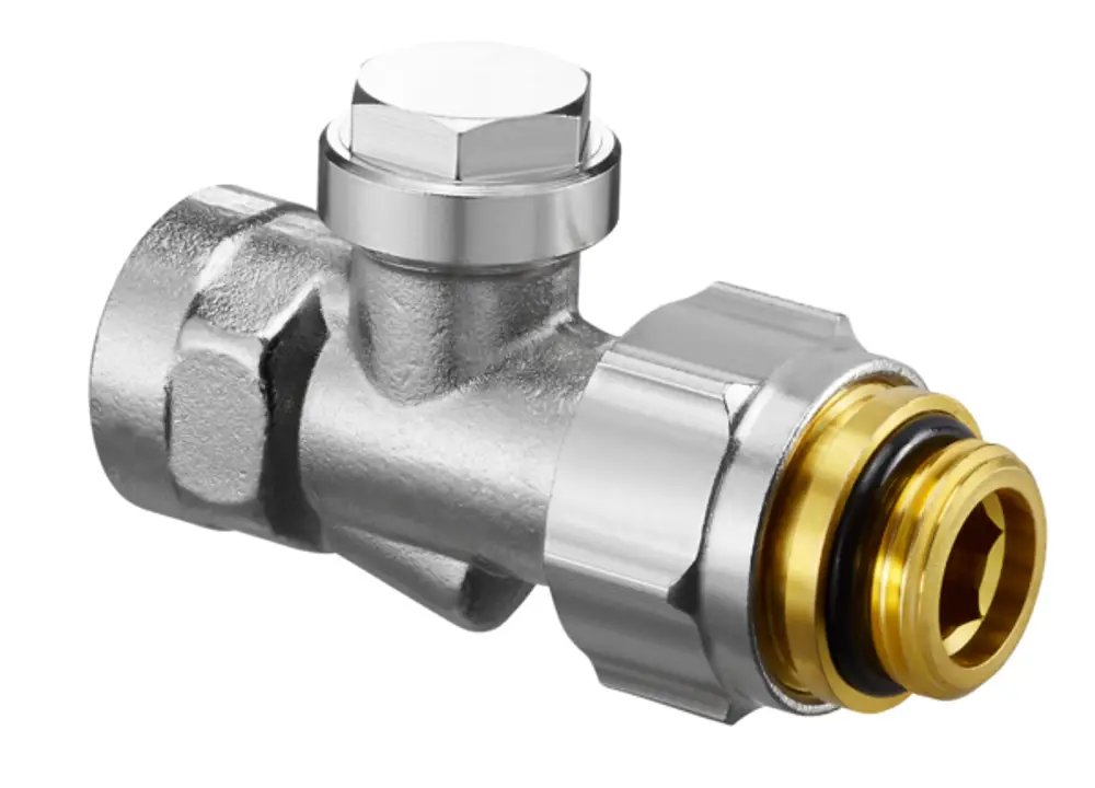 Oventrop Absperrverschraubung mit einem metallischen Finish und einer Mutter für die Verbindung von Rohren, geeignet für Anwendungen in Heizungs- und Sanitäranlagen.